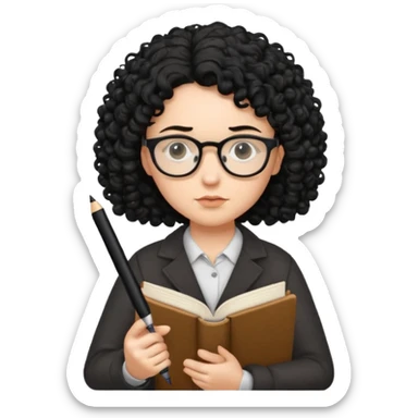 writer holding pen in hand and closed book in other hand, with black curly hair and wearing glasses sticker