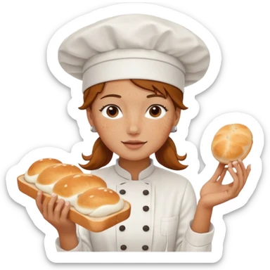 Young female baker - white chef hat, framing white cream pattern on bread sticker