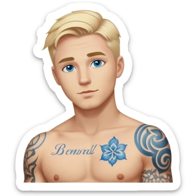 Handsome blonde hair and blue eyes military white guy with body tattoos sexy pose sfw sticker