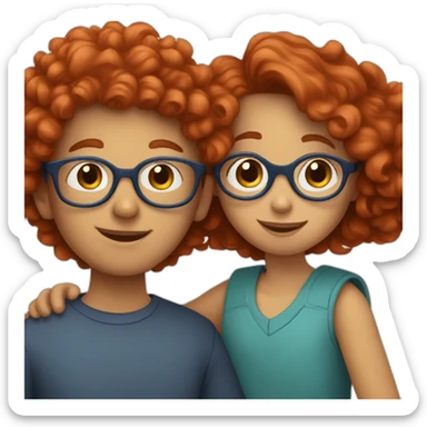 a girl with red curly hair and blue glasses hugging a boy with gray hair sticker