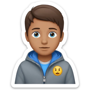 Fais-moi un garçon avec la peau bronzée les yeux bleus qui portent une veste grise avec les cheveux marrons version emoji sticker