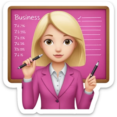 pink board with a girl writing on it and on the board there are graphs and a title "Businss sticker