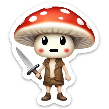 cute mushroom person holding knife and he’s really small and red and white spots with a cute smiley face  sticker
