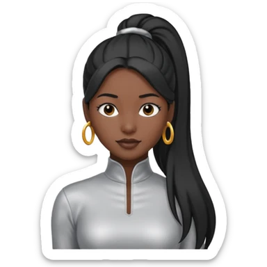 Left Eye from TLC with dark skin, long black ponytail hair, silver outfit sticker