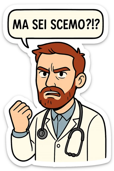 Dottore con la stessa faccia anche con la mano e camicie, dice "Ma sei scemo?!?" sticker