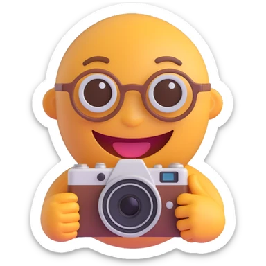3D smiley emoji, round shape, grandfather with an old camera, brown color, smiling face sticker