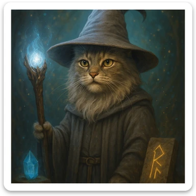 cat dressed as Gandalf, with wise expression and magical accessories sticker