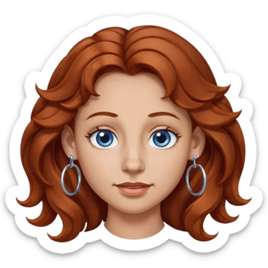 Create a custom emoji-style character inspired by a woman with medium length, wavy reddish-brown hair, light skin tone, dark blue eyes, a nose piercing on each nostril, and hoop earrings. Emphasize a mischievous expression. sticker