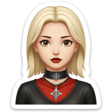 Leather choker with sigil around woman’s neck, pulse visible, dominance tone sticker