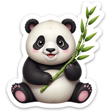 Cinematic smiling chubby panda, fluffy black and white fur, round rosy cheeks, tiny paws holding a bamboo shoot, sparkling eyes full of joy, soft glowing background, irresistibly huggable. sticker