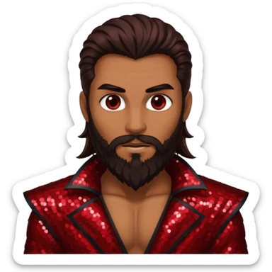 Samael, Venom of God from Gods and Goddesses with tan skin, long dark brown and beard, dark red sequin outfit sticker