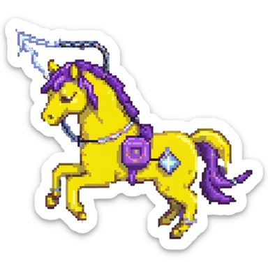 A yellow electric horse in pixel art style, made of electricity and lightning, with visible yellow wires, bolts shooting from its body as it runs. sticker