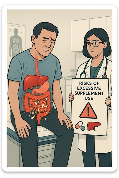 a man sits on a doctor’s examination table, looking fatigued and uncomfortable. A transparent anatomical overlay reveals his liver and intestines, both appearing inflamed and congested, with stylized supplement capsules and pills scattered throughout the digestive tract. The doctor stands nearby, holding a chart that highlights the risks of excessive supplement use. The mood is clinical and educational. sticker