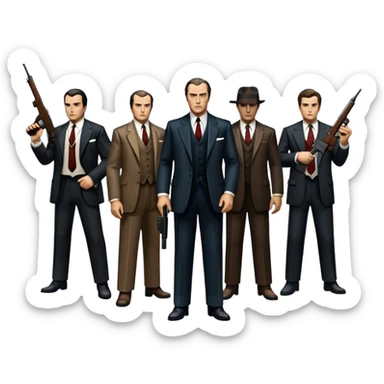 Vintage noir poster with Don Corleone surrounded by gangsters holding Thompson submachine guns. Background features New York skyscrapers, adding to the gritty, classic gangster film feel.  Dark and moody atmosphere with shadows, suits, and a mysterious vibe. Transparent background. sticker