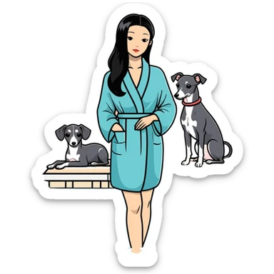 Very thin and slim Chinese woman with long black hair in elegant pool attire at a luxury spa pool with fancy amenities and her Italian greyhound that is COMPLETELY solid dark grey with ABSOLUTELY ZERO white markings anywhere - 100% uniform dark grey color only sticker