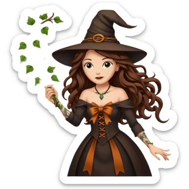 witch woman long wavy brown hair tattoos pulling vine ribbon slowly sticker