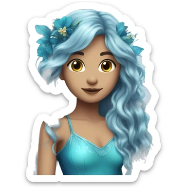 Beautiful, flower, fairy, blue, turqoise, silver, navy, long hair, big wings sticker