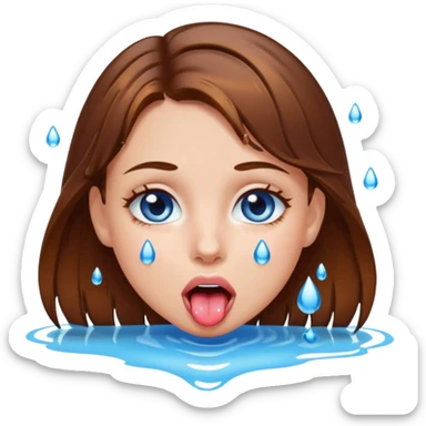Girl with brown hair, blue eyes, a wet face and her tongue out. Can you make her face more wet? Can you add clear water droplets on her face and tongue? sticker
