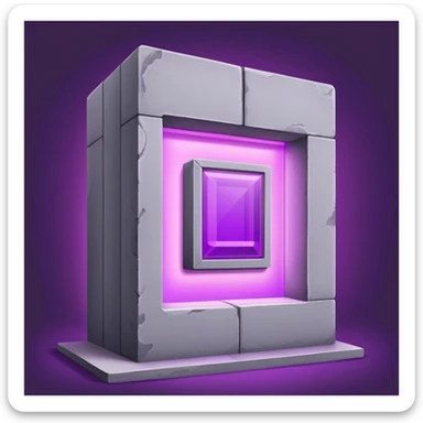 Minimalist gray concrete panel building with one window glowing bright purple from grow lights inside, simple rectangular structure sticker