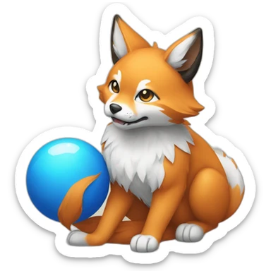 kitsune with a blue ball in its paws sticker