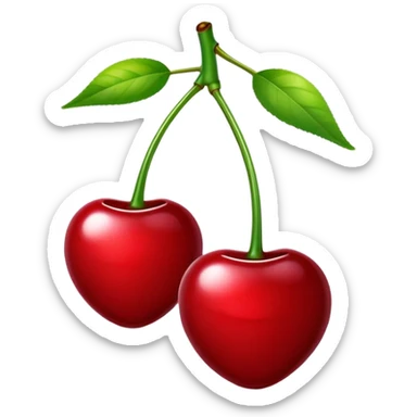 Pair of glossy red cherries with green stem, fruit sticker