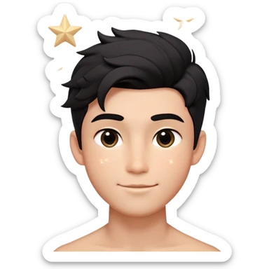Male Design   Hair - Black textured crop cut with natural flow Face Shape - Oval contour with soft blush gradients Eyes - Left eye : Almond-shaped eye with sparkle highlights | Right eye : Glowing five-point star symbol (✨) Expression - Playful smirk with slight dimple sticker