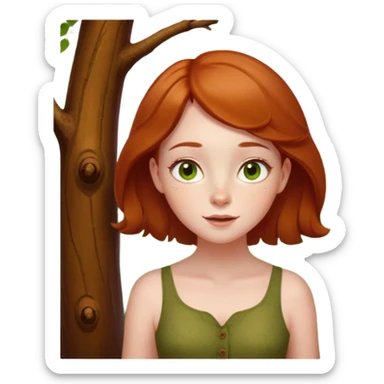 Petit sapin vert sylvestre, féminin, regard malicieux, tâches de rousseurs délicates, joues roses. Yeux de biche brillants en forme amande, yeux couleur ambre, tronc couleur acajou. Sapin en mouvement, incurvé pour un effet vivant. sticker