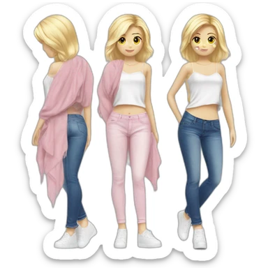 Fille cheveux blond long foncé peau blanche jeans noir pull tie n die rose sticker