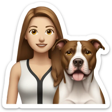 white woman with straight long brown hair standing alongside a white pitbull sticker