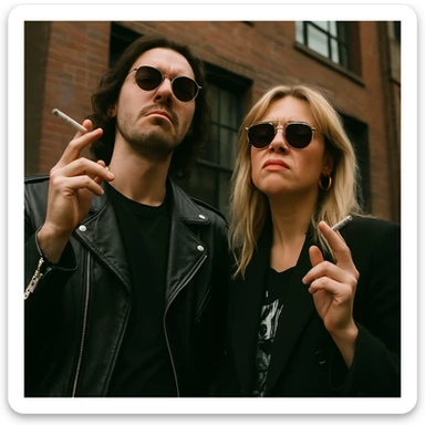 Par de personas que trabajan en la industria musical, parados conversando con aires de superioridad mientras se fuman un cigarro, mientras miran a la cámara (músico) de forma despectiva y burlona sticker
