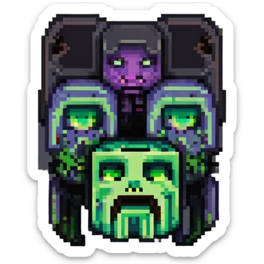 Creeper and Enderman heads fused down the middle, classic Minecraft colors, pixel art style sticker