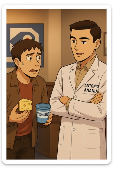 fai un webtoon manga a colori con questo stile, in cui un uomo fa una domanda al kinesiologo con il camice bianco (fagli anche la scritta "ANTONIO ANANIA" SUL CAMICE, l'uomo chiede una cosa mostrando un formaggio e uno yogurt al kinesiologo con il camice, IL KINESIOLOGO annuisce e SPIEGA ALL'UOMO UNA cos. L'UOMO ha un ESPRESSIONE CONFUSA IN VOLTO. non fare i fumetti però, fai solo in modo che sembri stiano parlando sticker