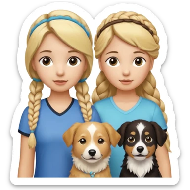 a group of 5 girls two blonde hair tied down one with a golden retriever next to her 1 blonde hair and in a braid  and one brown hair with a head band and 1 blonde hair in a small braid with a border collie next to her sticker