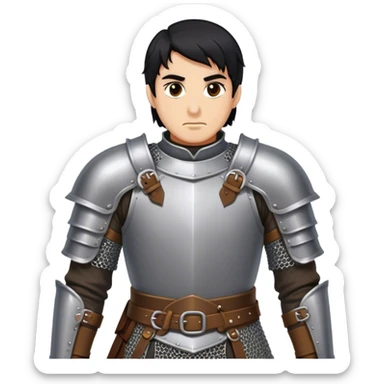 medieval battle armor worn by a DnD themed fantasy character. basic chainmail hauberk reinforced with a leather chestplate. armor only above the waist. The armor full waist. The character's haven't arms. character is black hair brown eyes short messy hair tan-skinned man.

 sticker