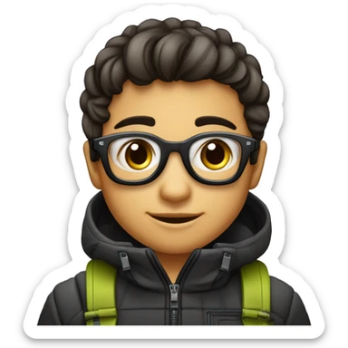 Niño 6 años corte pelo roquero largo por debajo de los hombros y degradado en los lados en un lado dos rayas y flequillo recto. Con gafas de ski y ojos negros sticker