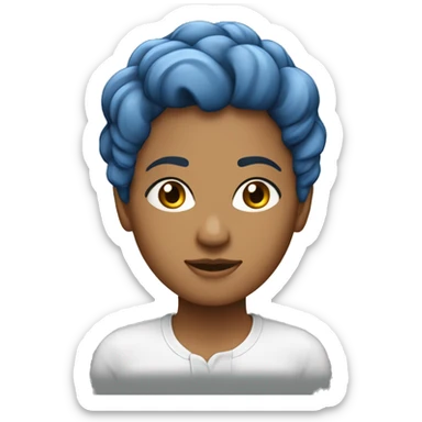 mulher branca de cabelos cacheados longos, cabelos soltos, camisa azul sticker