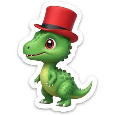 A side view of a very cute and adorable green anthropomorphic baby dinosaur with a red top hat sticker