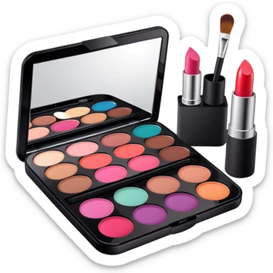 A photorealistic icon featuring makeup brushes, a lipstick being applied, an eyeshadow palette with colors in use and a compact mirror reflecting a half-done makeup look. The design captures the artistry and process of makeup with bright and realistic textures. Transparent background. sticker