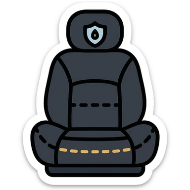 luxury car seat in matte black with a small droplet or shield on the headrest, elegant stitching, minimalist lines, modern and clean style icon sticker
