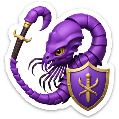 please make Scorpion of purple with sword and shield in back ground sticker
