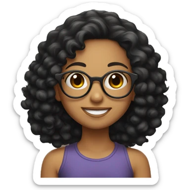 girl with black curly hair, round glasses and a big smile sticker