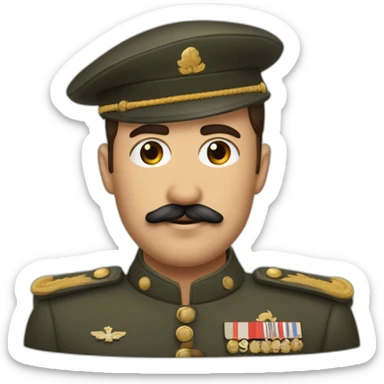 cheveux bruns coiffés en arrière, une petite moustache, des yeux sombres et un visage plutôt anguleux. Il portait souvent l'uniforme militaire caractéristique de la 2nd guerre mondiale sticker