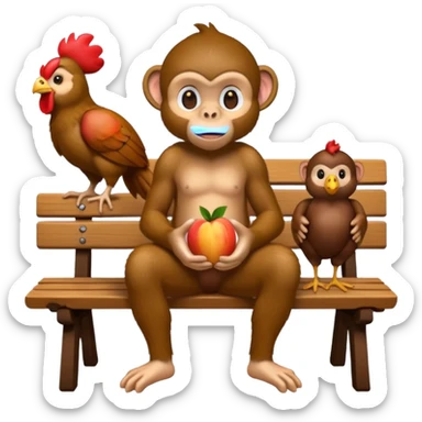 monkey(full body) sitting on a bench and eating peach and chocolate and chicken watches him sticker