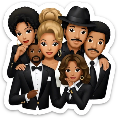 Icon for R&B Music: collage of iconic R&B artists—Michael Jackson, Beyoncé, Lionel Richie, Whitney Houston, and Barry White. Each artist represented by a silhouette or symbolic item (like a glove, microphone, or fedora). Transparent background. sticker