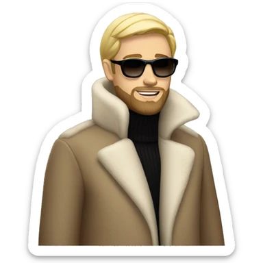 Blond man with beard wearing a long mink coat, sunglasses, and a high neck turtleneck sticker