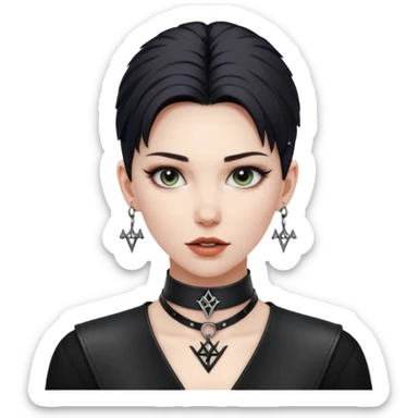 Leather choker with sigil around woman’s neck, pulse visible, dominance tone sticker