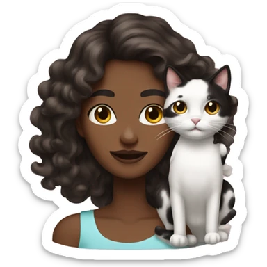 long wavy haired brown skin woman holding black and white cat sticker