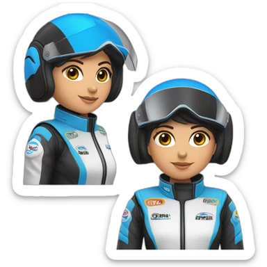 Piloto mulher morena de kart macacão da cor preto e detalhe azul escuro e capacete branco com detalhe azul escuro sticker