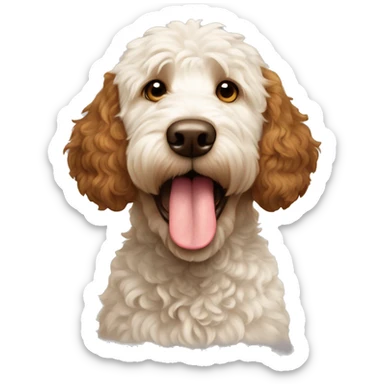 Brown and white patches Golden doodle dog showing tongue white head brown ears and brown patch on head sticker