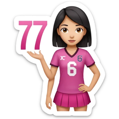 Hawaiian girl with black hair with dark pink highlights in hair with short skirt and jersey shirt number 67 sticker
